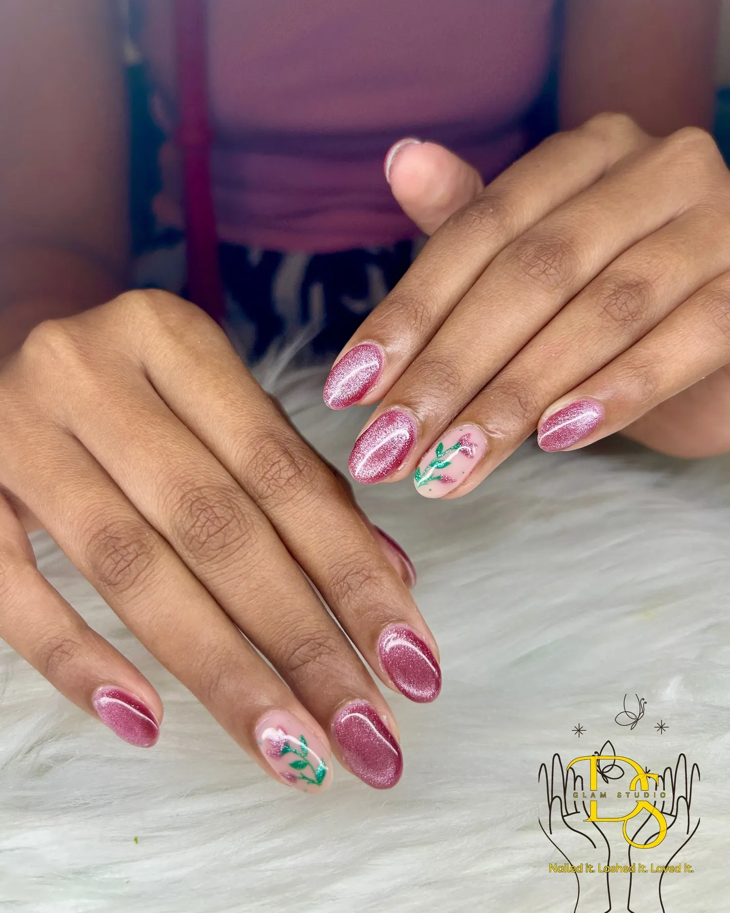 Rose nude nails with delicate floral art